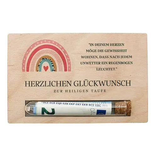 Produktbild: Geldgeschenk zur Taufe - Geschenkkarte aus Holz - Arche, Taufgeschenk Patenkind, Geld verschenken, Taufe Junge Mädchen, Geschenkverpackung Geld Gutschein (Design Regenbogen)