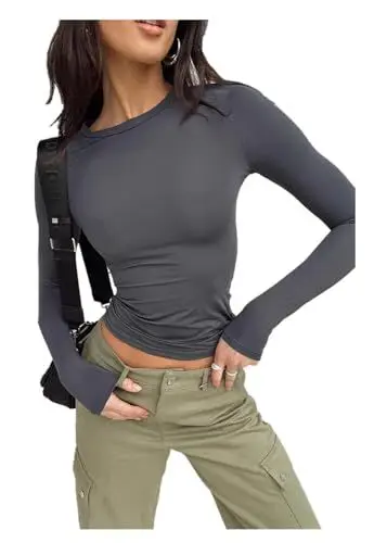Produktbild: Gellmall Langarmshirt Damen Y2K Crop Tops Slim Fit Rundhals Cropped Tee Einfarbig Basic Oberteile Teenager Streetwear Frauen Athletisches Top L