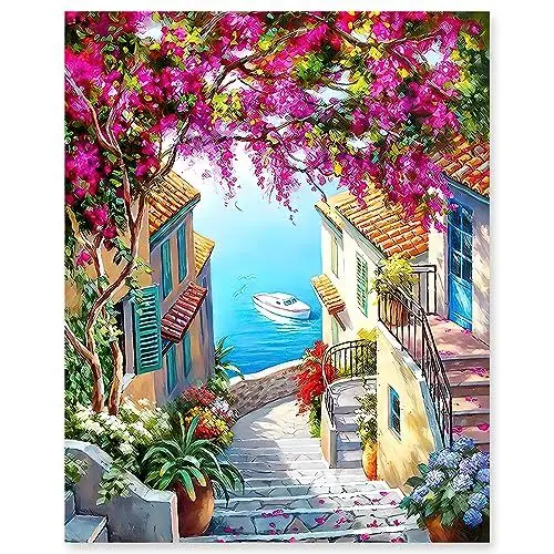 Produktbild: gelrovaled Malen Nach Zahlen Erwachsene, DIY Handgemalt Ölgemälde Kit für Anfänger und Erwachsene Mit 3-Pinseln und Acrylfarbe, Ohne Rahmen 40X50CM (Flower Town)