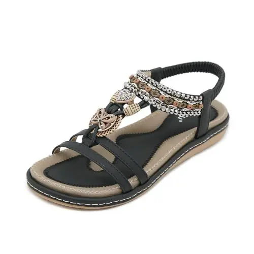 Produktbild: GemChve Flach Sandalen Damen Sommer mit Weiches Fussbett Freizeit Sandalette Bohemia Sandals Strand Schuhe Black 38 EU
