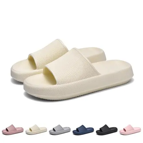 Produktbild: GemChve Hausschuhe Herren Badelatschen Herren Sandalen Damen Super Weich Rutschfest Sandalen Damen Sommer Pantoletten Geeignet Familie Garten Schwimmbad Strand Off-white37/38EU