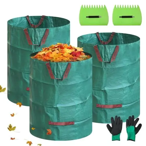 Produktbild: Gemsaya 3x 300L Grünschnittsäcke, Groß Gartensack Laubharke mit Laubharke & Handschuhe, 300L Faltbar Garten Laubsäcke Grünschnittsack für Gras Laub Hecke Gartenabfall, Polypropylen 150GSM