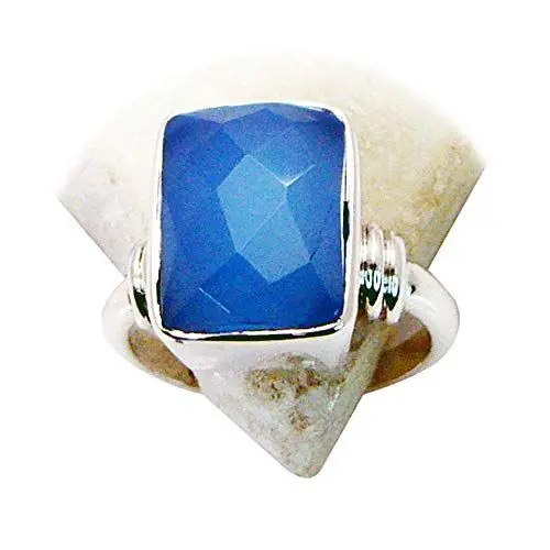 Produktbild: Gemsonclick Natürliche Blaue Chalzedon Ring für Geschenk Silber REchteck Form Lünette Stil handgemachte Größe V
