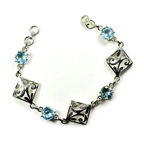 Produktbild: Gemsonclick Natürlicher blauer Topas Armband echte runde Form 925 Sterling Silber für Frauen