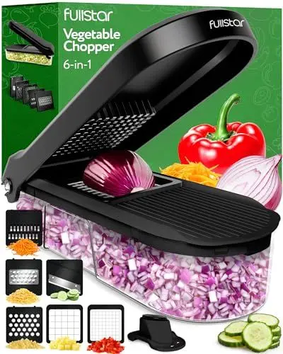 Produktbild: Gemüseschneider Mandoline Gemüsehobel - Gemüse Schneider Gurkenhobel Zwiebelschneider Kartoffelschneider Obstschneider - Reibe für Gemüse und Käse - Julienneschneider (6-in-1 Kompakt Schwarz)
