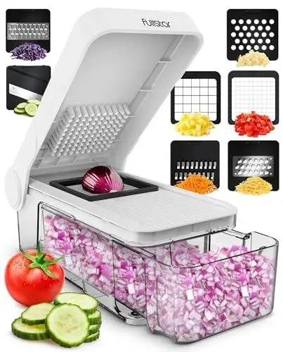 Produktbild: Gemüseschneider Mandoline Gemüsehobel - Gemüse Schneider Gurkenhobel Zwiebelschneider Kartoffelschneider Obstschneider - Reibe für Gemüse und Käse - Julienneschneider (7-in-1 Kompakt Weiß)