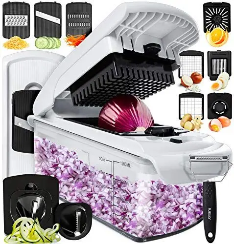 Produktbild: Gemüseschneider Mandoline Gemüsehobel - Gemüse Schneider Gurkenhobel Zwiebelschneider Kartoffelschneider Obstschneider - Reibe für Gemüse und Käse - Julienneschneider (Deluxe Alles-in-1 Weiß)