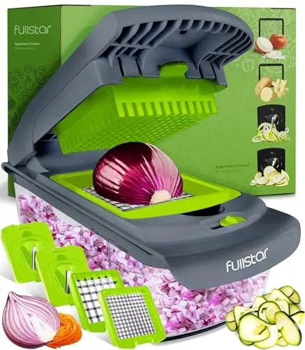 Produktbild: Gemüseschneider Spiralschneider Gemüsehobel - Gemüse Schneider Zwiebelschneider Kartoffelschneider Obstschneider - Vegetable Chopper Cutter Dicer (4-in-1 - Grau/Grün)