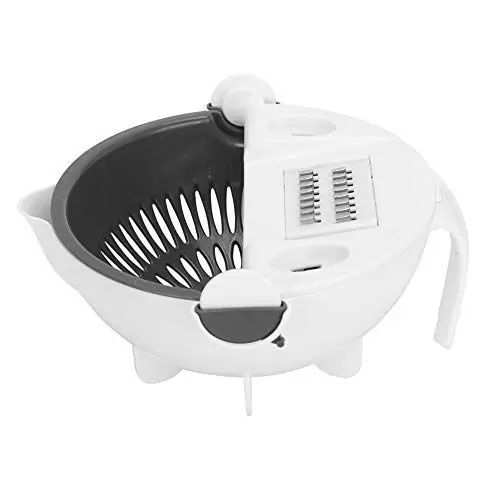 Produktbild: Gemüseschneider, Zerkleinerer, Reibe mit Abflusskorb, Küchenhelfer, multifunktionale Edelstahlklingen, leicht zu waschen, ergonomisches Design, weiß, grau