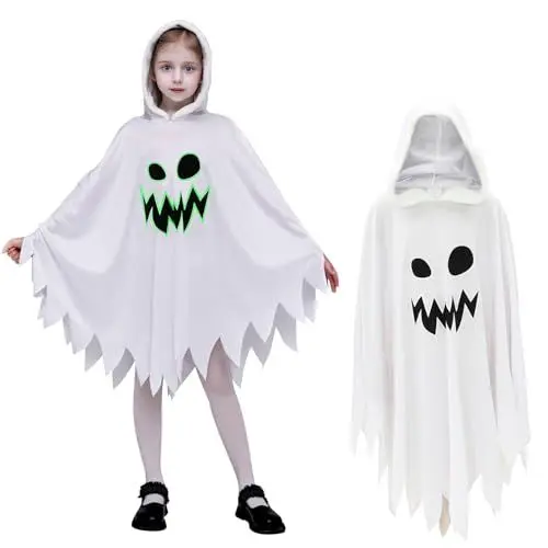 Produktbild: GEMVIE Geisterkostüm Leuchtet im Dunkeln Geistergewand weiß für Kinder Geistergewand Kostüm mit Geistergesicht Jungen Mädchen Fasching Halloween Kostüm Party 3-4