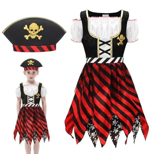 Produktbild: GEMVIE Halloween Kostüm Mädchen Pirat Kinderkostüm Piratenkostüm Cosplay Zubehör für Kinder Halloween Fasching Kostüm Party 10-12 Jahre
