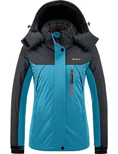 Produktbild: GEMYSE Damen Wasserdichte Berg-Skijacke Winddichte Fleece Outdoor-Winterjacke mit Kapuze (Hellblau Grau,XL)