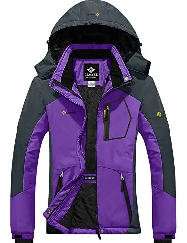 Produktbild: GEMYSE Damen Skijacke Wasserdicht Winddicht Regenjacke Wanderjacke Hardshelljacke mit Kapuze für den Winter (Lila Grau 02,M)