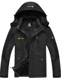 Produktbild: GEMYSE Herren Wasserdichte Berg-Skijacke Winddichte Fleece Outdoor-Winterjacke mit Kapuze (Grau Schwarz,L)
