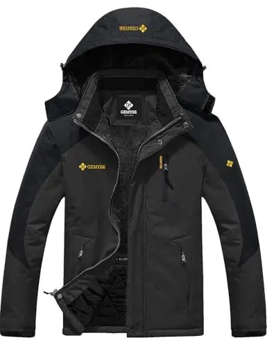 Produktbild: GEMYSE Herren Wasserdichte Berg-Skijacke Winddichte Fleece Outdoor-Winterjacke mit Kapuze (Grau Schwarz,L)