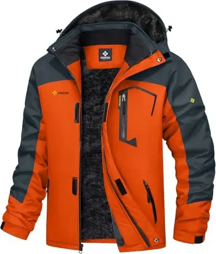 Produktbild: GEMYSE Herren Wasserdichte Berg-Skijacke Winddichte Fleece Outdoor-Winterjacke mit Kapuze (Orange Grau,M)