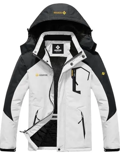 Produktbild: GEMYSE Herren Wasserdichte Berg-Skijacke Winddichte Fleece Outdoor-Winterjacke mit Kapuze (Weiß Dunkelgrau,L)
