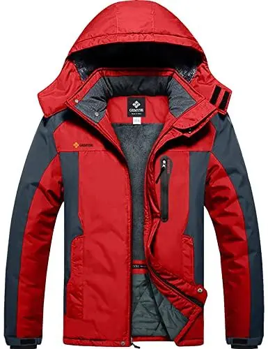 Produktbild: GEMYSE Herren Winterjacke Warme mit Kapuze Wasserdicht Skijacke Winddichte Atmungsaktiv Mehrere Taschen,Rot dunkelgrau,XL