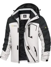 Produktbild: GEMYSE Herren Wasserdichte Berg-Skijacke Winddichte Fleece Outdoor-Winterjacke mit Kapuze (Weiß Dunkelgrau,M)