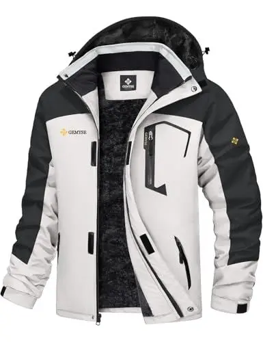 Produktbild: GEMYSE Herren Wasserdichte Berg-Skijacke Winddichte Fleece Outdoor-Winterjacke mit Kapuze (Weiß Dunkelgrau,M)