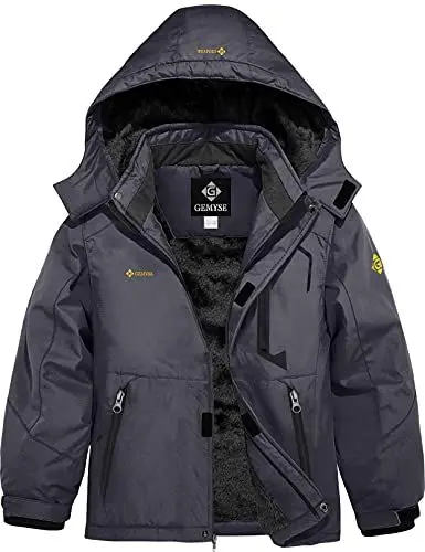 Produktbild: GEMYSE Jungen Wasserdichte Skijacke Winddichte Fleece Outdoor Winterjacke Regenjacke mit Kapuze (Eisen Grau 01,140-146)
