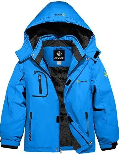 Produktbild: GEMYSE Jungen Wasserdichte Skijacke Winddichte Fleece Outdoor Winterjacke Regenjacke mit Kapuze (Himmelblau,152-158)
