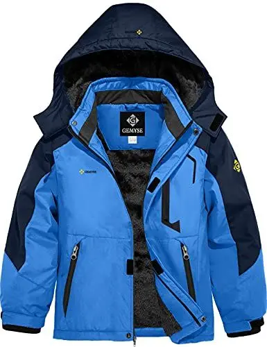 Produktbild: GEMYSE Jungen Wasserdichte Skijacke Winddichte Fleece Outdoor Winterjacke Regenjacke mit Kapuze (Himmelblau Navy,152-158)