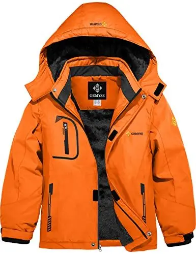 Produktbild: GEMYSE Jungen Wasserdichte Skijacke Winddichte Fleece Outdoor Winterjacke Regenjacke mit Kapuze (Orange,140-146)