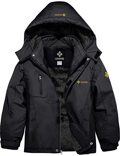 Produktbild: GEMYSE Jungen Wasserdichte Skijacke Winddichte Fleece Outdoor Winterjacke Regenjacke mit Kapuze (Schwarz,140-146)