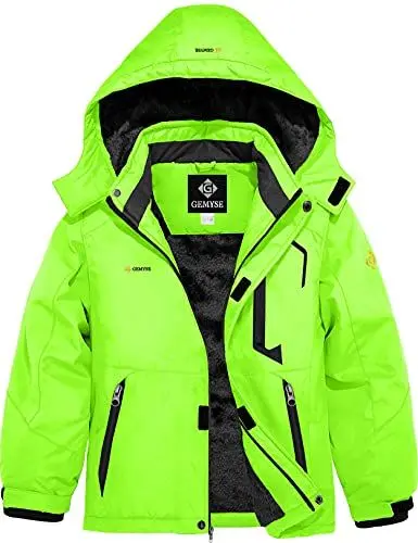 Produktbild: GEMYSE Jungen Winterjacke Outdoor Wasserdicht Winddicht Skijacke mit Kapuze und Fleece (Leuchtend Grün 01,152-158)