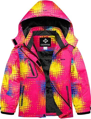 Produktbild: GEMYSE Mädchen Wasserdichte Skijacke Winddichte Fleece Outdoor Winterjacke Regenjacke mit Kapuze (Druck,116-122)