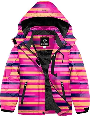 Produktbild: GEMYSE Mädchen Wasserdichte Skijacke Winddichte Fleece Outdoor Winterjacke Regenjacke mit Kapuze (Streifen drucken,128-134)