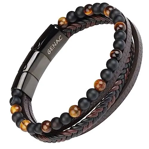 Produktbild: genac Neuf Herrenarmband aus 6mm Natursteinperlen und Echtleder Hochwertiges, mehrfach gewebtes Leder mit abnehmbarem Magnetverschluss aus Edelstahl zur einfac (Braun)