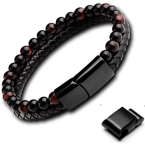 Produktbild: genac Originelles Armband für Männer aus Natursteinperlen 6 mm und echtem Leder mit abnehmbarem Magnetverschluss aus Edelstahl zum einfachen Einstellen der Länge., 22 cm, Stein Edelstahl Leder