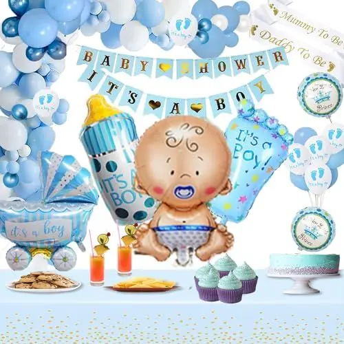 Produktbild: Gender Babyparty Deko Junge, Babyshowerparty Deko Junge mit Tischdecke, Its a Boy Deko Banner, Blau Deko Babyparty Junge, Baby Luftballons Baby Shower Deko Boy