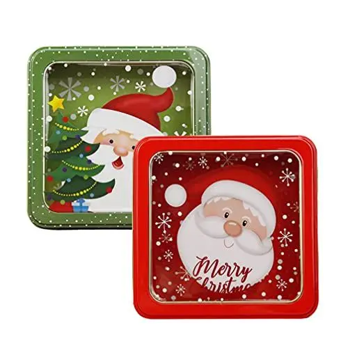 Produktbild: Generic 2 Stück Keksdose Quadrat, Weihnachten Vorratsdose Blech Dose mit Deckel Santa Klaus Motiv, Eisen Plätzchendose Gebäckdose Retro Aufbewahrung Box, 15 x 15 cm Keksdosen