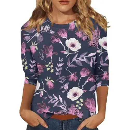 Produktbild: Ausgefallene Kleidung Damen Elegante Oberteile Damen Blusenshirt Damen 3/4 Arm Longshirt Damen Große Größen Damen Bluse Bunt Longshirt Damen Große Größen Dreiviertelärmel Shirt Bluse Damen