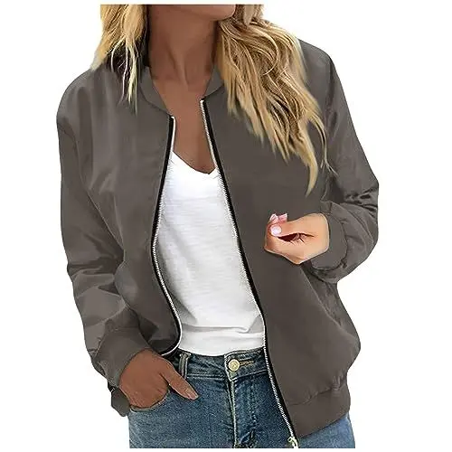Produktbild: Generic Damen Bikerjacke Sommer Jacke Bomberjacke Jacke Khaki Damen Damen Blouson Bomberjacke Jacken Damen Übergangsjacken Uebergangsjacken Fuer Damen Modern Leichte Sweatjacke Damen Seidenblouson