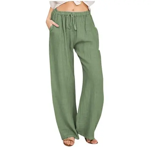 Produktbild: Hosenrock Leicht Einfarbig Baumwolle Leinen Straight Leg Palazzo Hosen Mit Taschen Sommerhosen Damen Leicht Und Luftig Leichte, Luftige Sommerhose Leinenhose Damen Sommer Leinen(1-Green,XL)