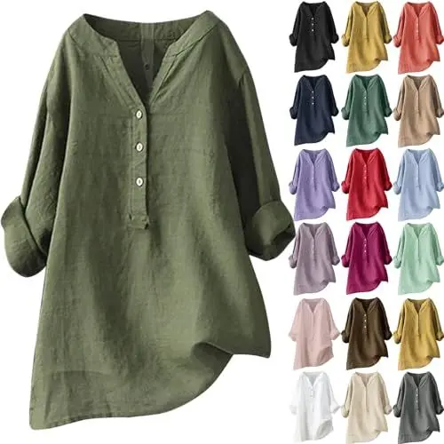 Produktbild: Generic Damen Leinenbluse,Top 3/4-Ärmeln Leinenbluse Damen Sommer Große Größen Hemdbluse Blusenkleid Elegant Longbluse Blusenshirt Button-Down Leinen Shirt