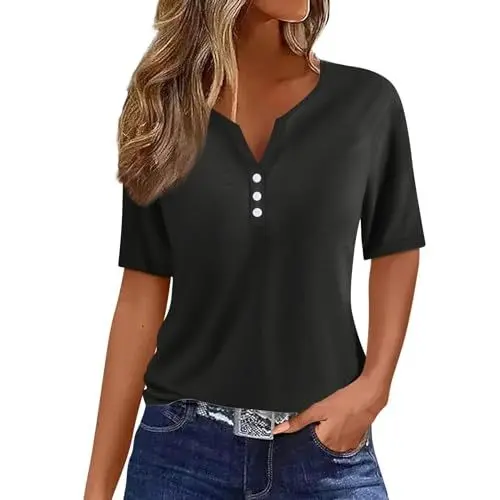 Produktbild: Generic Damen Tshirt Statement Shirts Damen Sport Tshirt Damen Fitness T Shirt Frauenkleidern Coole Henley T Shirt Baumwolle Sommer Modische Überpassfor Tshirts Damen Print Strand Knopfleiste Schwarz