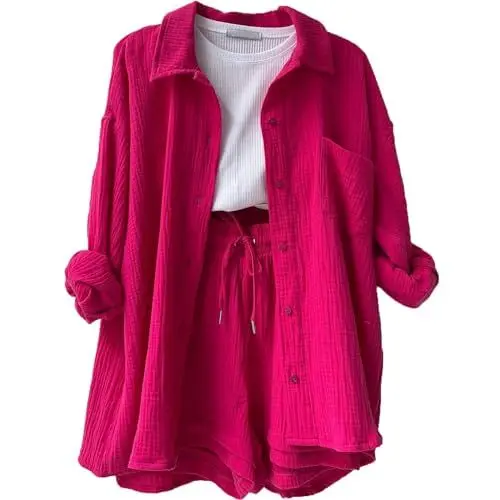 Produktbild: Generic Gym Outfit Damen Set Kurze Outfit Hausanzug Damen Baumwolle Musselin Set Yoga Y2k Set Damen Outfit Damen Zweiteiler Elegant Set Shorts Und Oberteil Damen Homewear Damen Set（1-Hot Pink,L