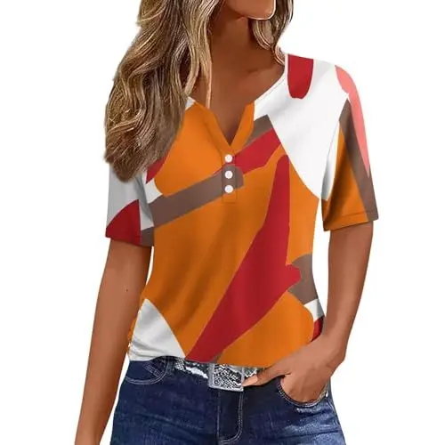 Produktbild: Oberteil Damen Sommer Damen 2024 Sommer Casual T-Shirt V-Ausschnitt Tunika Tops Gestreifte Tops Sommer Kausal Tunika Blusentops Damen Orange 3XL