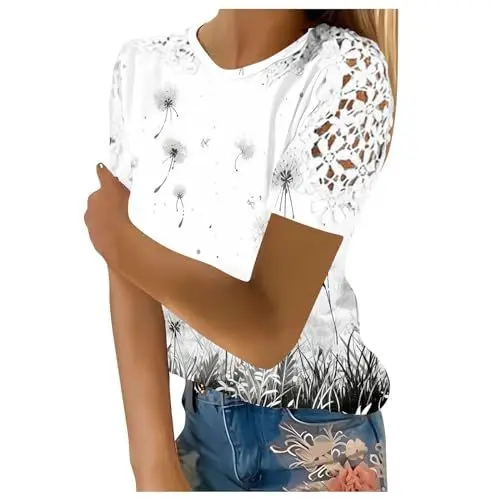Produktbild: Generic Pusteblume Tshirt Damen T-Shirt Sommer Kurzarm Spitzen Oberteile Lustige Löwenzahn Motiv Tunika Shirt Drucken Lose Rundhals Tshirt Bluse Top