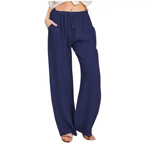 Produktbild: Musselin Hose Damen Luftig Baumwolle Leinen Sommerhose Leichte Stoffhose Leinenhose Hose Baumwollhose Hose Damen Beige Damen Sommerhose Culotte Damen 7/8(4-Navy,XL)