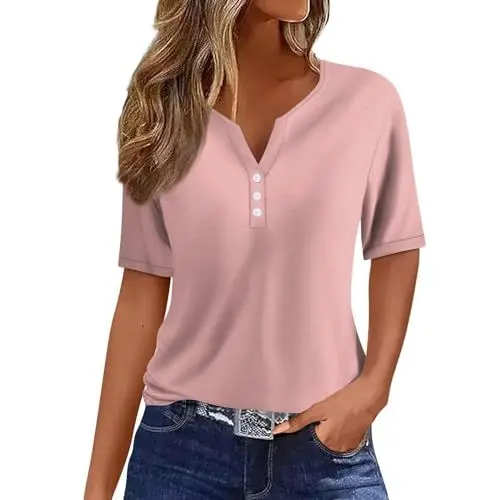 Produktbild: Generic Weißes Damenhemd Loose Blusenkleid Damen Große Größen Festliche Damenmode Damen Bluse Kurzarm Jeanshemd Damen Oversize Damen T Shirts V-Ausschnitt Gestrickte Oberteile Satinblusen Rosa M