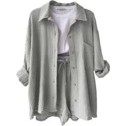Produktbild: Generic Sommer Zweiteiler Damen Travel Sets Oversize Shirt Damen Fashion Damen Kurze Clothes Hip Hop Outfit Mädchen Sport Outfit Damen Zweiteiler Damen Sportanzug Musselin Hose Damen（2-Light Gray,L
