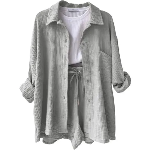 Produktbild: Generic Sommer Zweiteiler Damen Travel Sets Oversize Shirt Damen Fashion Damen Kurze Clothes Hip Hop Outfit Mädchen Sport Outfit Damen Zweiteiler Damen Sportanzug Musselin Hose Damen（2-Light Gray,L