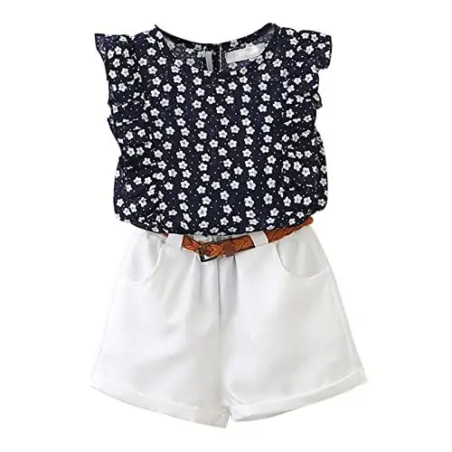 Produktbild: Generisch 2 STÜCKE Shorts Mädchen Floral Set Kleinkind Gürtel Bluse + Kleidung Patchwork Lässig Passende Ärmellose Mädchen Outfits & Set Mamas Boy Baby Kleidung (White, 5-6 Years)