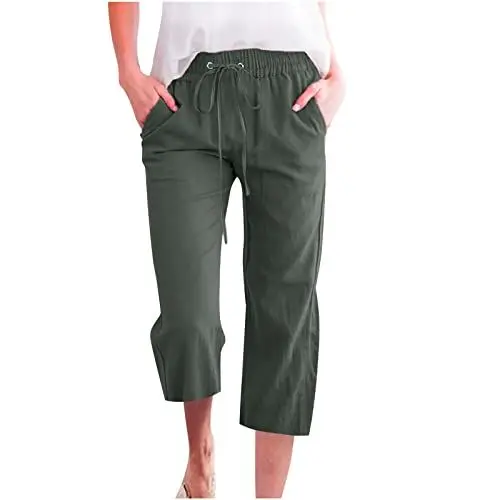 Produktbild: Generisch 3/4 Hose Damen Leinenhose Baggy Sommerhose Baumwolle Cargohosen Pants Women Jogginghosen Bequeme Fitnesshose Wanderhosen Schlaghose Sport Hosen Armeegrün 3XL